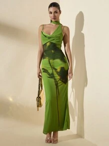 SHEIN BAE 大号花卉印花无袖超长沙滩裙配领带，适合女士夏季 - 綠色 - 查看 1