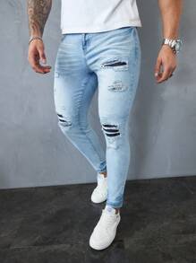 Manfinity LEGND Jeans pitillo de denim azul claro desgastados para hombres - Lavado ligero - Ver 6