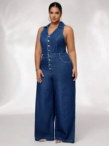 SHEIN SXY Plus Size V-Neck Sleeveless Single-Breasted Belted Pockets Straight Loose Casual Chic Denim Overall Jumpsuit