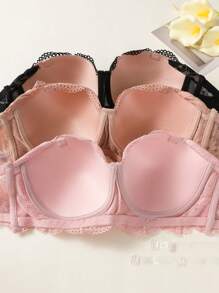 3pcs/Set Women Lace With Wire Padded Bandeau Bras - Multicolor - View 3