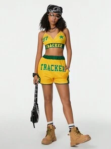 Muchica Y2K Dạo Phố Chic Colorblock Brazil Quần Short Bikini In Hình Bộ Co-Ord Cho Nữ - Màu vàng - Xem 3