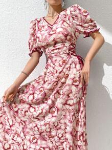 Modelyn 女式 V 领花卉印花褶饰系带夏季短袖迷你连衣裙 - 彩色 - 查看 4