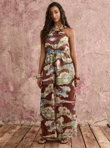 COSMINA Vintage Elegant Chinese Style Cloud Smoke Print Women's Chiffon Sleeveless Chest Gathered Wide Leg Jumpsuit - Multicolor - View 6