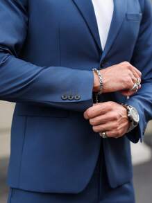 Manfinity Mode 男士纯色简约日常长袖衬衫长裤套装 - 寶藍色 - 查看 4