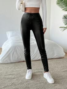 Chiquease Women's Leggings With Random Pattern, Warm Thermal Lined, PU Leather Knotted Design, Skinny Fit, Full Length Fall Cloth For Women - Black - View 6