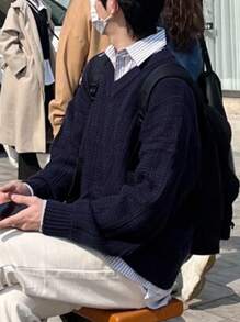 DAZY 男士纯色 V 领毛衣，秋季 - 藏蓝色 - 查看 4