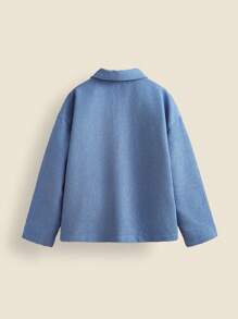 SHEIN Tween 女童蓝色纯色灯芯绒长袖休闲简约夹克秋冬季 - 藍色 - 查看 2