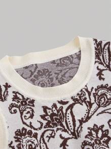 SHEIN MOD Chaleco de punto sin mangas con estampado floral para mujer, chaleco de punto vintage marrón con cuello redondo, chaleco de punto para mujer