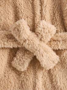 男婴可爱熊刺绣长袖连帽羊毛长袍，配有可拆卸腰带，秋冬泰迪熊衣服 - 卡其色 - 查看 6