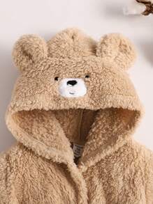 男婴可爱熊刺绣长袖连帽羊毛长袍，配有可拆卸腰带，秋冬泰迪熊衣服 - 卡其色 - 查看 5