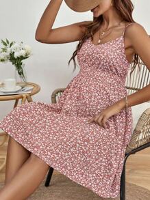 SHEIN Maternity Ditsy Floral Cinched Waist Casual Cami Dress For Vacation - Dusty Pink - View 2