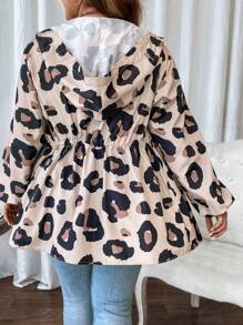 SHEIN LUNE Women's Plus Size Long Sleeve Leopard Print Hooded Casual Jacket With Drawstring Waist For Autumn & Winter Fall - Multicolor - View 2