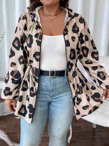 SHEIN LUNE Women's Plus Size Long Sleeve Leopard Print Hooded Casual Jacket With Drawstring Waist For Autumn & Winter Fall - Multicolor - View 5