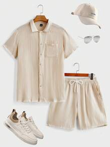 Manfinity Homme Men Solid Button Up Shirt & Shorts - Apricot - View 1