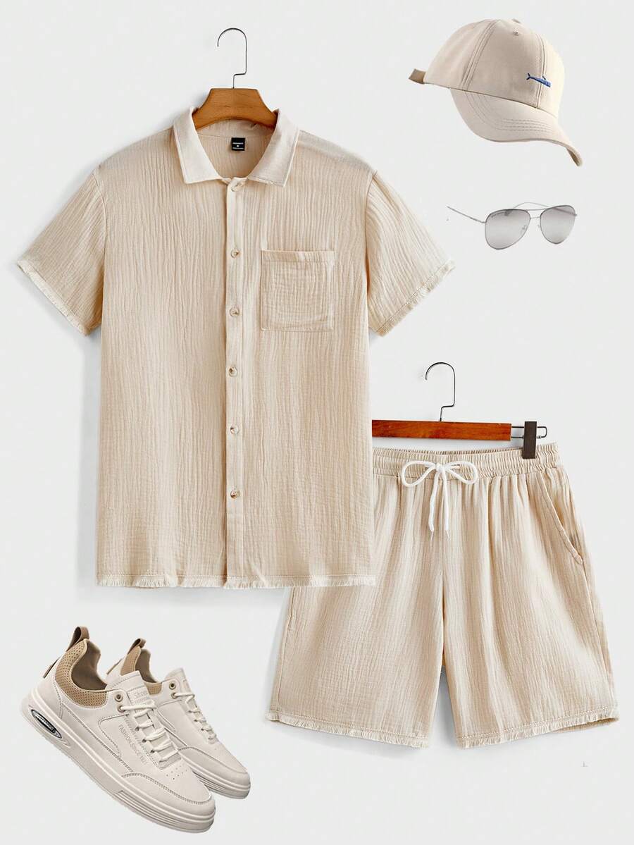 Manfinity Homme Men Solid Button Up Shirt & Shorts - Apricot - View 1