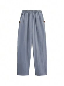 Plus Size Women's Solid Color Simple Casual Pants - Grey - View 3