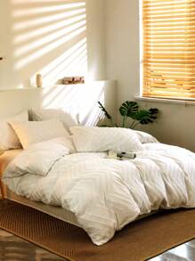 3 件白色双面簇绒几何图案羽绒被套套装（1 件羽绒被套 + 2 件枕套，不含枕芯），柔软双色设计床上用品套装，适用于卧室和客房，学校宿舍床上用品套装