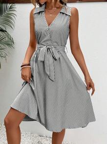 SHEIN LUNE Women Striped Tie-Up Midi Dress - Multicolor - View 1