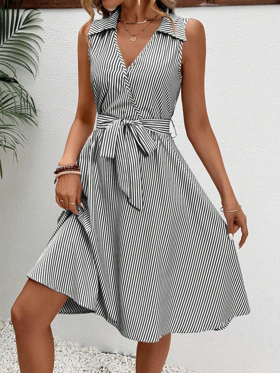 SHEIN LUNE Women Striped Tie-Up Midi Dress - Multicolor - View 1