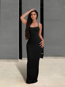 Swim SXY Women Solid Color Spaghetti Strap Backless Sleeveless Black Dress - Black - View 4
