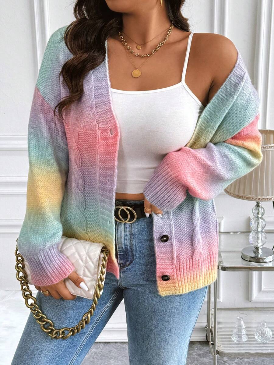 SHEIN Franclia Plus Size Rainbow Gradient Knitted Cardigan - Multicolor - View 1