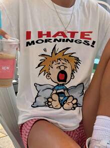 INAWLY Short Sleeve Letter Graphic Printed Casual T-Shirt Graphic Tees Women Tops - White - View 1