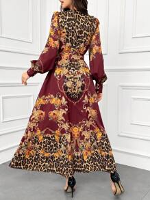 Modelyn Burgundy Red Women's Printed Single-Breasted Long Sleeve Arabic Style Dress Long Evening Dresses