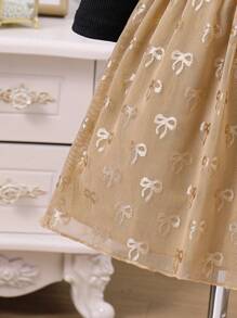 SHEIN 年轻女孩针织盖袖连衣裙，配有网眼芭蕾短裙和蝴蝶结装饰，适合婚礼/花童 - 黑色 - 查看 4