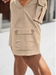 Manfinity Homme Men's Solid Color Workwear Cargo Pocket Loose Fit Casual Shorts - Khaki - View 7