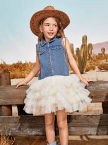 Vestido informal de fiesta para niñas jóvenes con cuello, sin mangas, patchwork de mezclilla y tutú de tul estilo vaquera - Azul - Ver 1