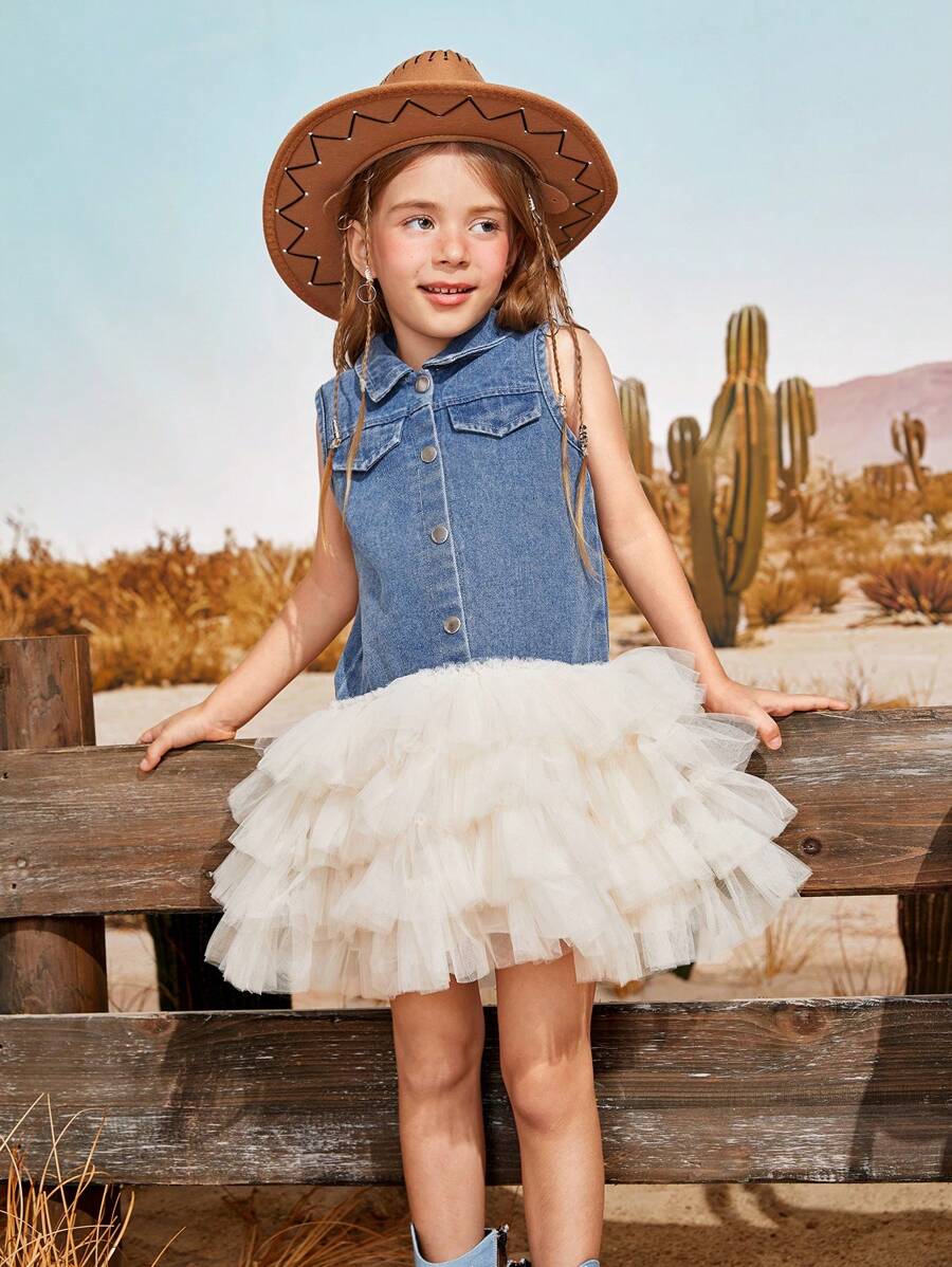 Vestido informal de fiesta para niñas jóvenes con cuello, sin mangas, patchwork de mezclilla y tutú de tul estilo vaquera - Azul - Ver 1