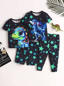 SHEIN 4 pièces Ensemble de pyjama lumineux avec motif de dinosaure ajusté pour bébé garçon, avec t-shirt à manches courtes + shorts et pantalon long - Multicolore - Voir 7