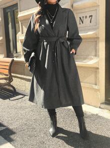 SHEIN Unity Áo khoác len có cổ màu trơn có cổ Plus Size cho nữ, áo khoác len dài thanh lịch một hàng khuy, mùa thu đông - Màu xám đen - Xem 4