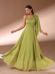 Solid Color Casual Dress For Women With Diagonal Shoulder & 3D Floral Decor - Green - View 7
