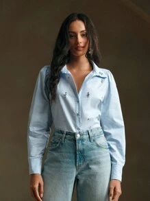 Anewsta Women's Spring Casual/Work Rhinestone Embellished Blue Long Sleeve Shirt - Blue - View 4