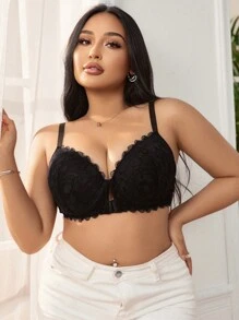 Front Hook-And-Eye Closure, Easy To Wear & Take Off, Lace, Floral, Mature Charm, Elegant, Comfortable 3/4 Cup Wire Bra & Wireless Bra, Plus Size - Black - View 4