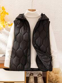 SHEIN Leap Crew Tween Boy 休闲纯色拉链背心，适合秋春季节，适合户外玩耍、学校、街头摄影、派对和居家休闲 - 黑色 - 查看 1