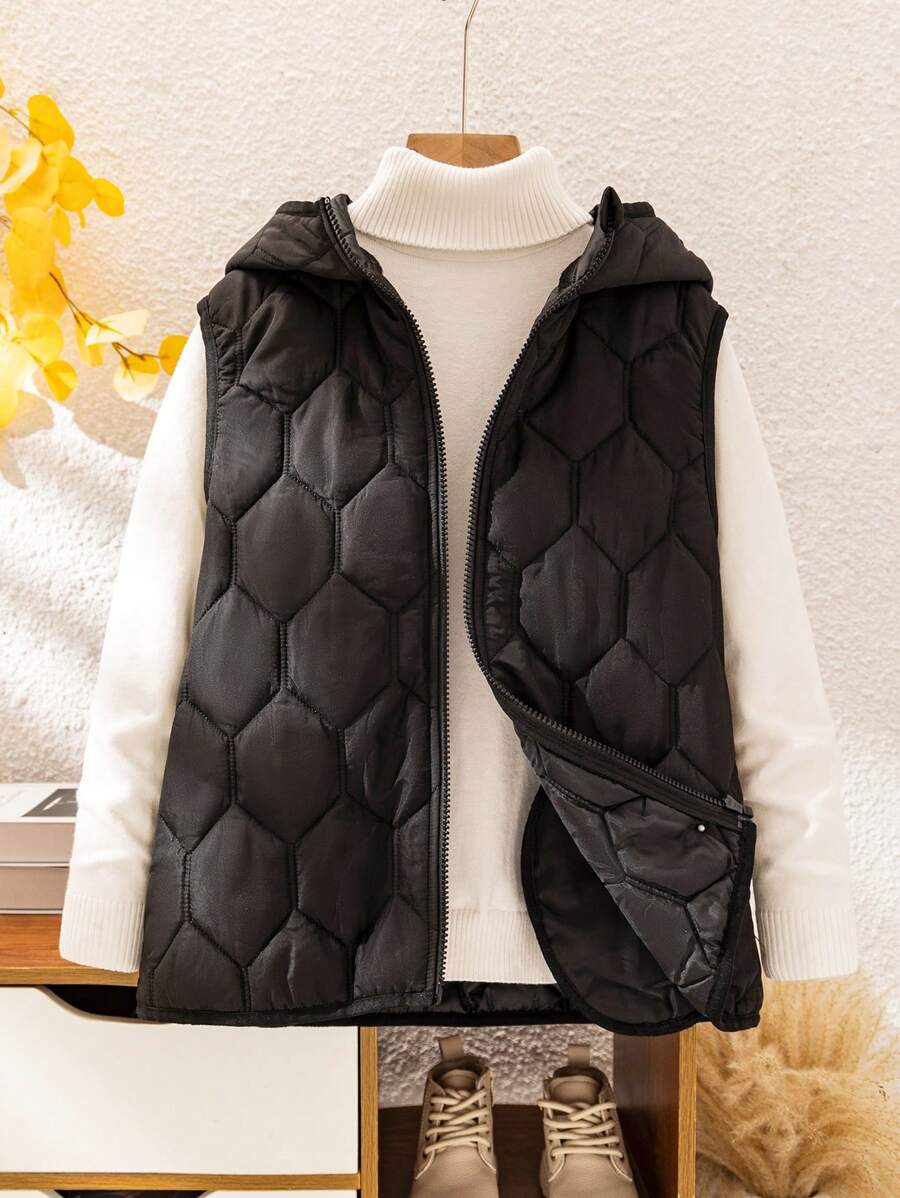 SHEIN Leap Crew Tween Boy 休闲纯色拉链背心，适合秋春季节，适合户外玩耍、学校、街头摄影、派对和居家休闲 - 黑色 - 查看 1