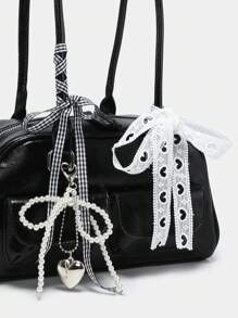 ROMWE Kawaii Women Retro Sweet Plaid Bow Decor Cherry Heart Shoulder Underarm Bag With Multi Pockets Boston Handbag, School - Black - View 3