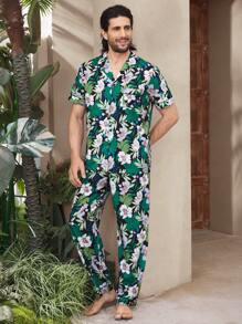 Men's Notched Collar Button-Front Allover Print Short Sleeve Top And Pants Pajama Set - Black - View 5