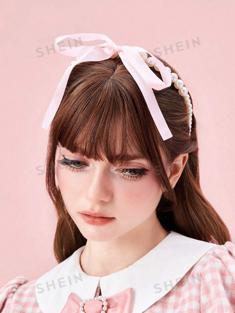 ROMWE JFashion French Pink Bow Ribbon Pearl Hairband, Sweet And