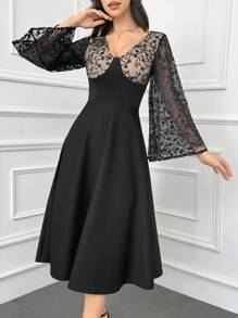 Modelyn Đầm suông dài tay cổ tròn phối ren chắp vá cho nữ, dáng ôm, thích hợp mặc đi nghỉ, đầm dạ hội dài - màu đen - Xem 4