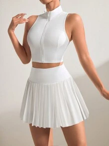 SHEIN Sport Studio Women's Solid Color Zipper Front Stand Collar Vest And Pleated Skirt Sportswear Set Workout Women Setwomen Workout Set