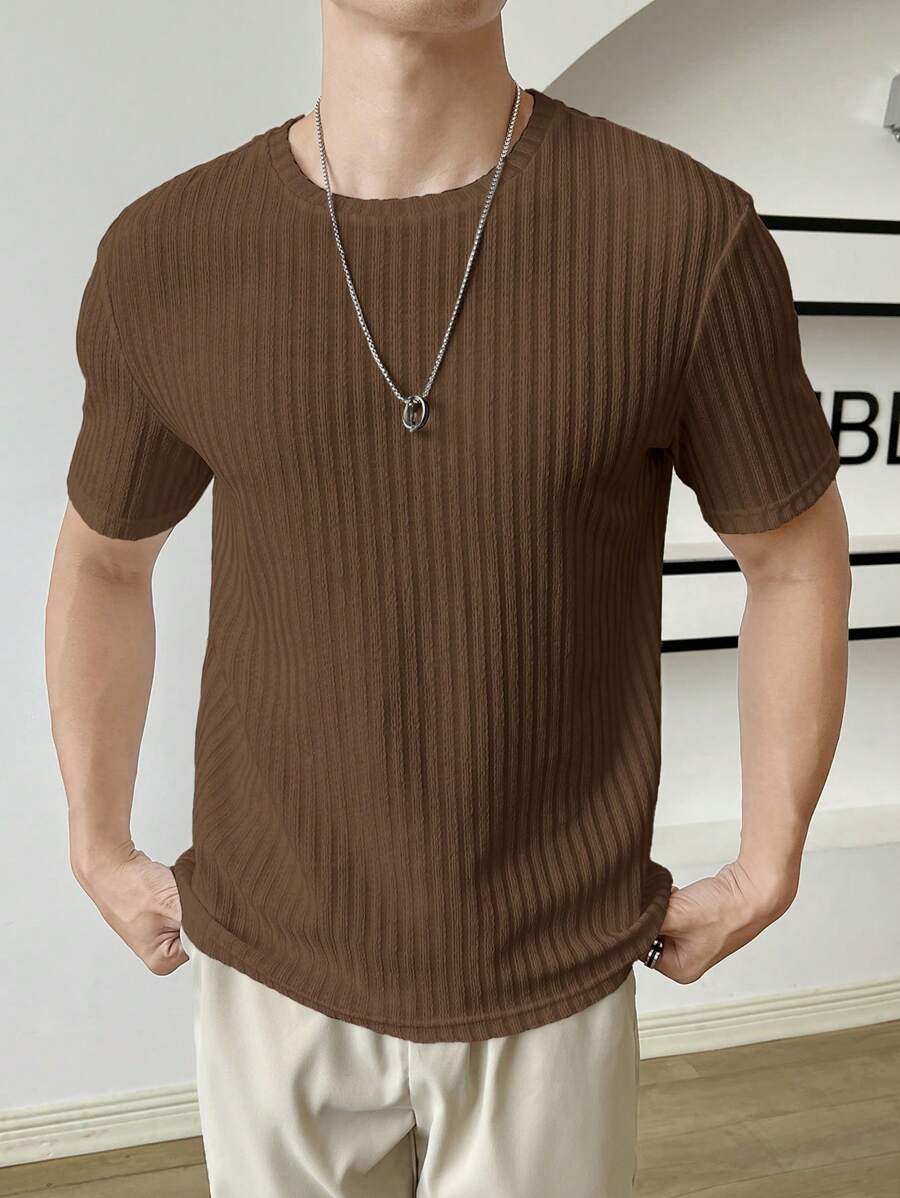 Mainfolk Men Solid Ribbed Knit Tee, Summer - Brown - View 1