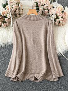 SHEIN LUNE 大码 V 领休闲毛衣，适合春秋冬季 - 卡其色 - 查看 2