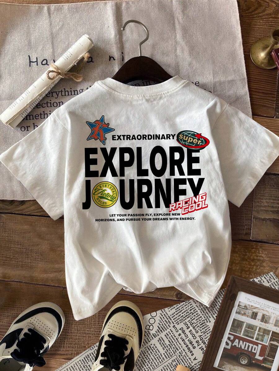 SHEIN Áo thun tay ngắn họa tiết tiếng Anh thể thao tối giản giản dị dành cho bé trai tuổi teen, phù hợp cho mùa hè - trắng - Xem 1