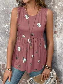 EMERY ROSE 女士圆领无袖绿色花卉荷叶边下摆优雅时尚背心 - 藕粉色 - 查看 5