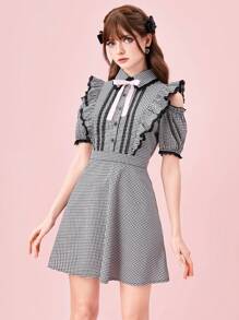 ROMWE Kawaii Women Contrast Binding Bow Decor Pleated Ruffle Hem Plaid Mini Dress, School - Black and White - View 1