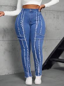 SHEIN SXY 大码高腰弹性多片破洞紧身牛仔裤 - 中等水洗藍 - 查看 4