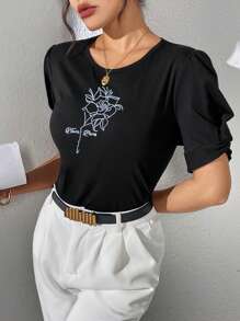 Seusyu 女士花卉印花荷叶边袖休闲修身 T 恤，适合返校和日常休闲穿着 - 黑色 - 查看 4